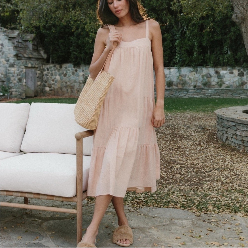 Jenni Kayne Seersucker Summer Midi Dress Blush Tan Gauzy Sleeveless Sz XL